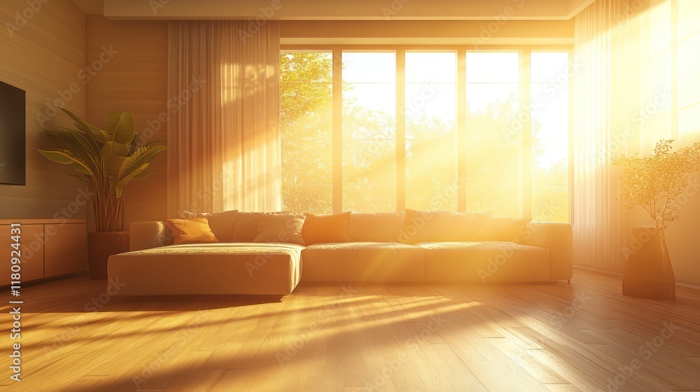 Sunlit living room, sunset view, hardwood floor, interior design Sunlit living room, sunset view, hardwood floor, interior design