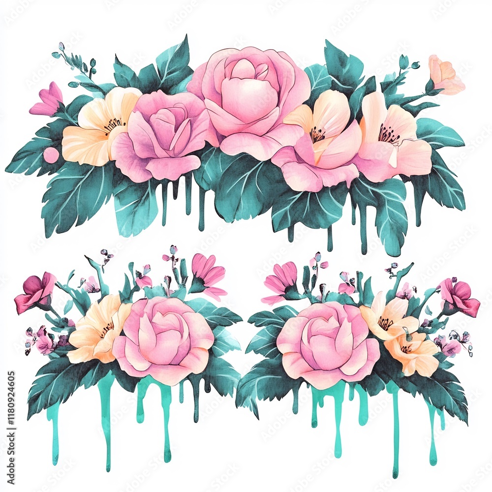 Obraz premium Vibrant Digital Painting: Delicate Pastel Roses Dripping Colorfully. AI Generated