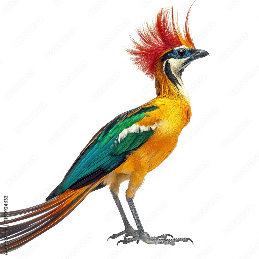 Fototapeta premium vibrant. fantastical bird with a striking colorful plumage. including shades of orange. green. and blue. and a dramatic feather crest resembling a fiery mane its unique appearance suggests a blend of