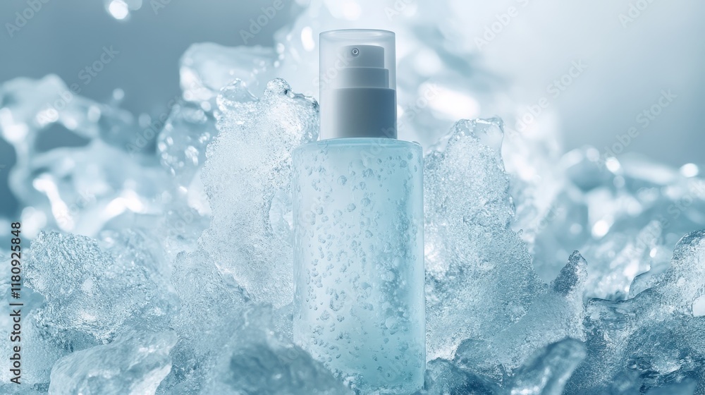 White skin care bottle with ice cubes on white background,Ice sealed skincare product,lotion,toner, skin care,Natural cosmetic products for protecting and nourishing skin of face,copy space. White skin care bottle with ice cubes on white background,Ice sealed skincare product,lotion,toner, skin care,Natural cosmetic products for protecting and nourishing skin of face,copy space.