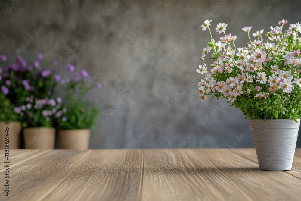 Empty table with spring flowers in the pots. Gray wall in the background. Generative AI. Empty table with spring flowers in the pots. Gray wall in the background. Generative AI.