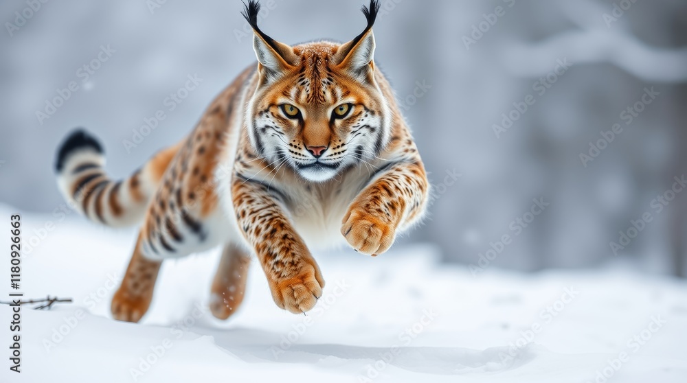 Obraz premium Eurasian Lynx Leaping Through Snowy Winter Forest