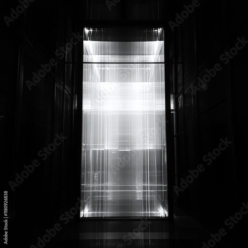 Illuminated glass elevator shaft at night. photo