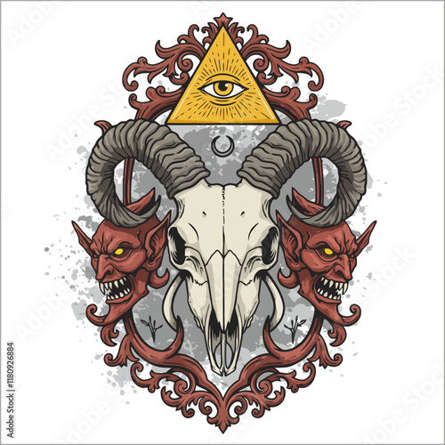 A ram skull is centrally positioned within an ornate frame flanked by two demonic heads, all overlaid with an Illuminati-style symbol.