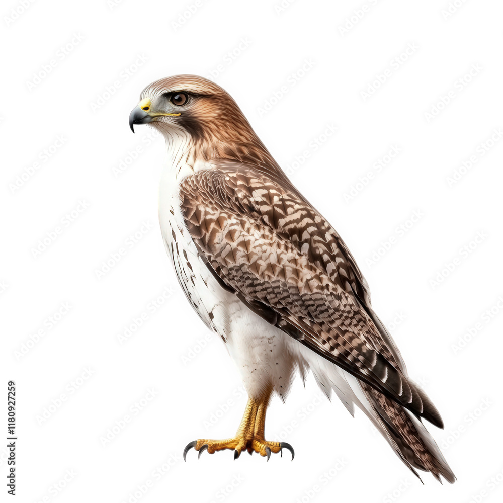 a detailed of a hawk. showcasing its striking plumage and sharp features the bird is positioned against a plain white background. emphasizing its majestic presence and intricate feather patterns to hi a detailed of a hawk. showcasing its striking plumage and sharp features the bird is positioned against a plain white background. emphasizing its majestic presence and intricate feather patterns to hi