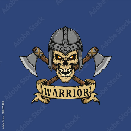 A fierce skull wearing a helmet is depicted with crossed axes below a banner reading warrior.