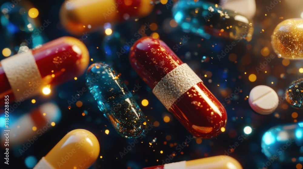 A close-up of colorful capsules and pills with decorative elements, highlighting both the beauty and caution of medication.