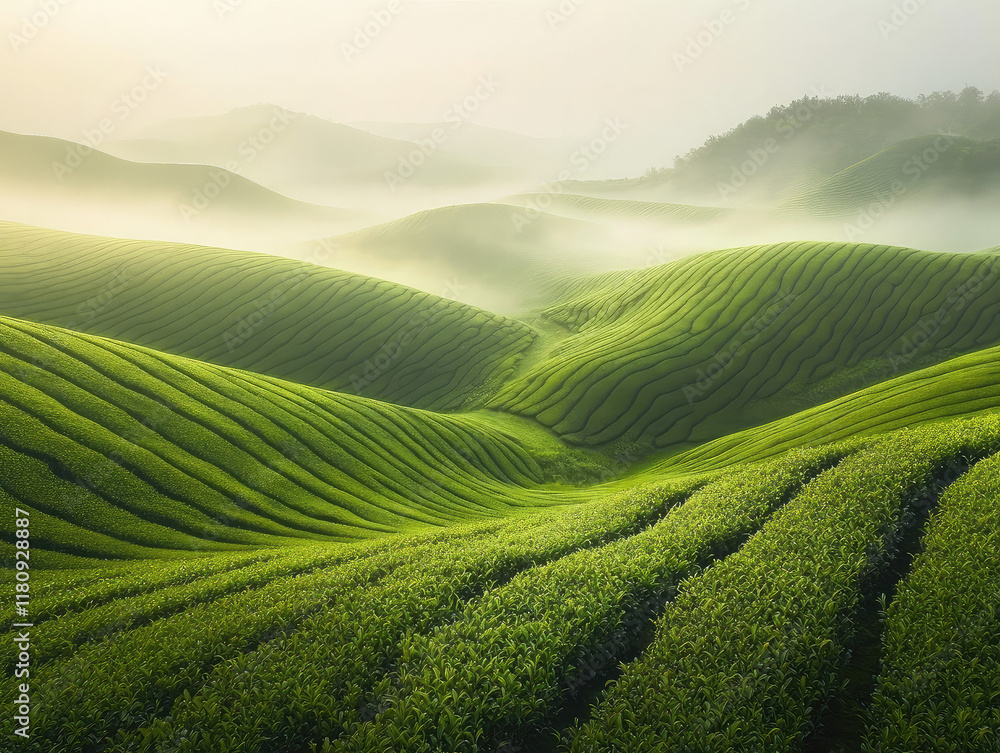 Lush Green Tea Plantation With Rolling Hills and Morning Mist in Serene Landscape Lush Green Tea Plantation With Rolling Hills and Morning Mist in Serene Landscape