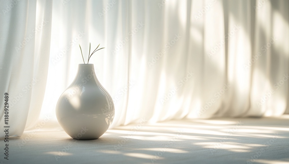 Serene Minimalist Still Life: White Vase with Dried Plants by Sheer Curtains in Soft Sunlight Serene Minimalist Still Life: White Vase with Dried Plants by Sheer Curtains in Soft Sunlight