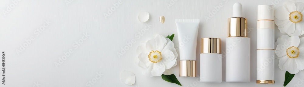 Elegant skincare products arranged with white flowers on a clean background, showcasing beauty and luxury. Elegant skincare products arranged with white flowers on a clean background, showcasing beauty and luxury.