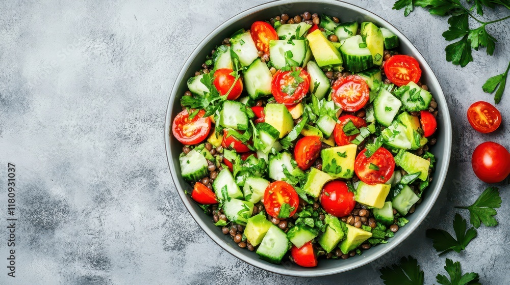 Vegan Lentil Salad with Avocado and Cucumber - A refreshing vegan lentil salad with diced avocado, cucumber, cherry tomatoes, and fresh herbs, served in a large bowl Vegan Lentil Salad with Avocado and Cucumber - A refreshing vegan lentil salad with diced avocado, cucumber, cherry tomatoes, and fresh herbs, served in a large bowl