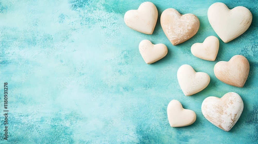 Obraz premium Wooden hearts arranged on a teal background