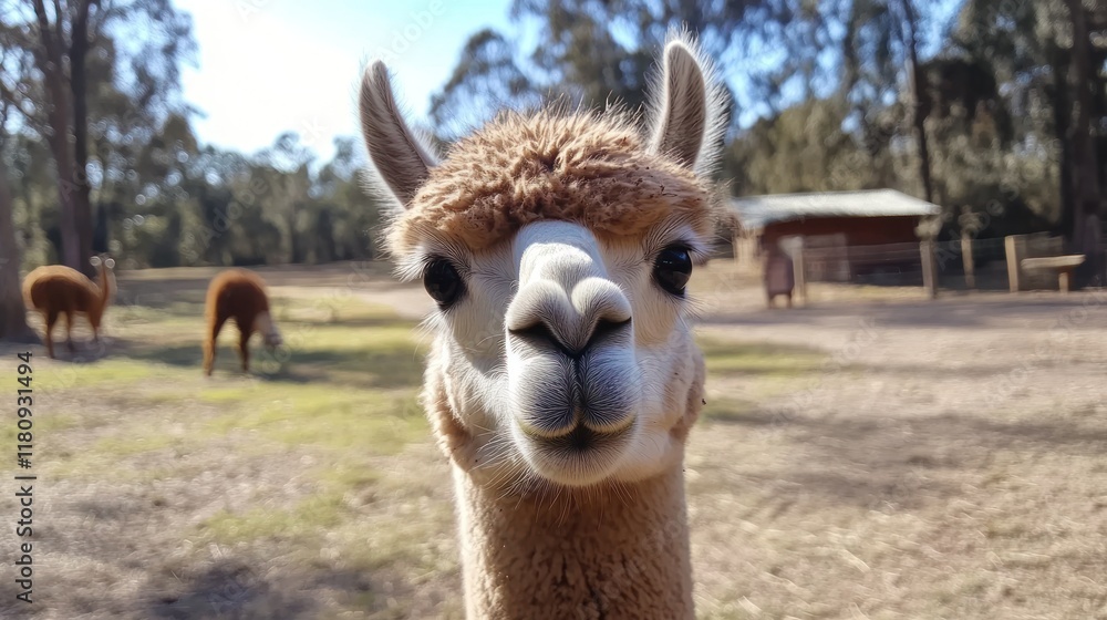 Obraz premium An alpaca curiously staring at the camera, soft fur and quirky expression, blurred farm background 