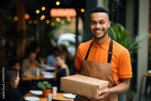 portrait african american young man, student, holding cardboard box, working part-time delivery man photo