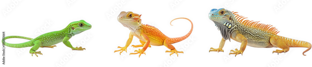 Obraz premium three colorful lizards positioned side by side against a white background the lizards vary in color. with one being green. another orange. and the last showcasing a mix of colors with pronounced spine