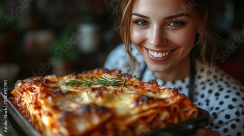 Woman smiling, holding homemade lasagna, kitchen background, food blog
