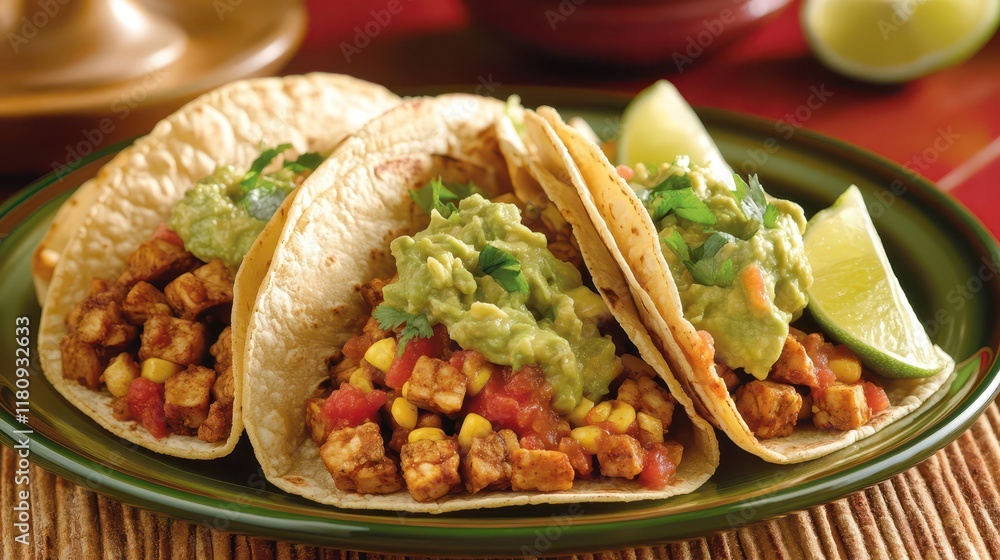 Vegan Tempeh Tacos with Guacamole - Vegan tempeh tacos topped with guacamole, lettuce, salsa, and lime wedges, served in soft corn tortillas Vegan Tempeh Tacos with Guacamole - Vegan tempeh tacos topped with guacamole, lettuce, salsa, and lime wedges, served in soft corn tortillas