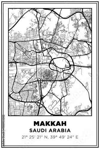 Black and white printable Street map art makkah city, saudi arabia. Travel poster with coordinates, poster design, Modern Poster Wall Art Home Decor Ready to Printable