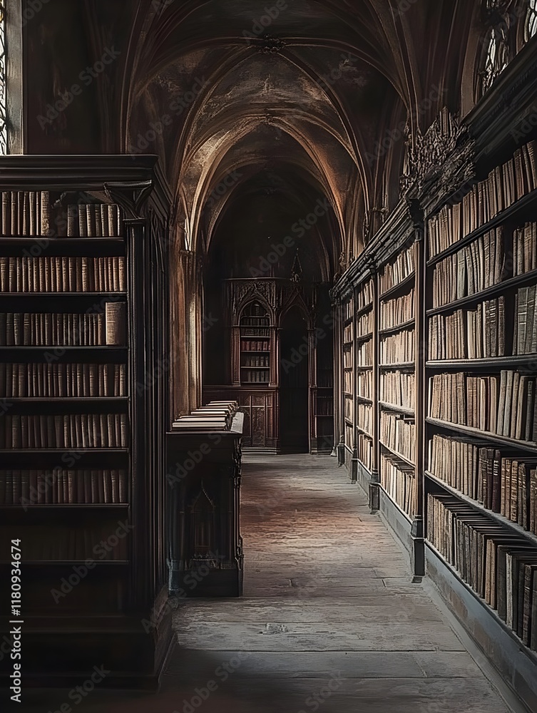 A photo of a medieval monastery library filled with ancient manuscripts. A photo of a medieval monastery library filled with ancient manuscripts.