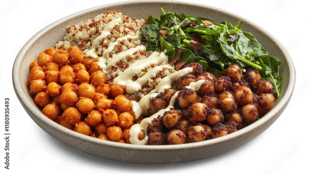 Vegan Buddha Bowl with Roasted Chickpeas and Spinach - A colorful vegan Buddha bowl with roasted chickpeas, spinach, quinoa, and tahini dressing, served in a ceramic bowl Vegan Buddha Bowl with Roasted Chickpeas and Spinach - A colorful vegan Buddha bowl with roasted chickpeas, spinach, quinoa, and tahini dressing, served in a ceramic bowl