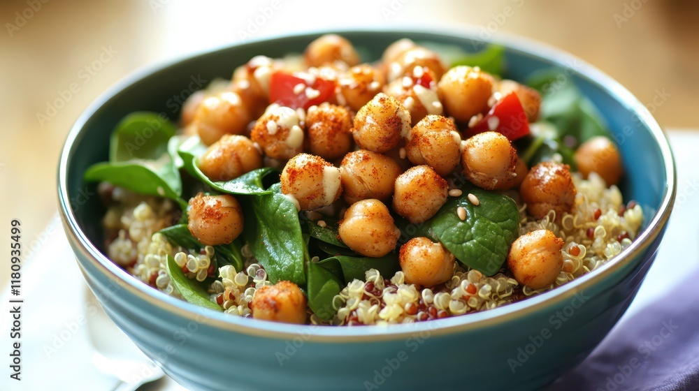 Vegan Buddha Bowl with Roasted Chickpeas and Spinach - A colorful vegan Buddha bowl with roasted chickpeas, spinach, quinoa, and tahini dressing, served in a ceramic bowl Vegan Buddha Bowl with Roasted Chickpeas and Spinach - A colorful vegan Buddha bowl with roasted chickpeas, spinach, quinoa, and tahini dressing, served in a ceramic bowl