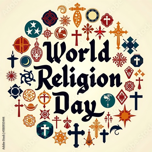 World Religion Day banner with signs of different religions, 19 January 2025 International Religion Day, celebrate religion day, culture and faith theme photo