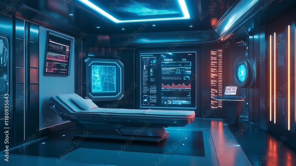 A futuristic medical scanning chamber with glowing energy fields and holographic patient data displays A futuristic medical scanning chamber with glowing energy fields and holographic patient data displays