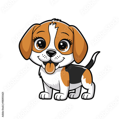 Cute cartoon beagle puppy with an open mouth. Playful puppy dog silhouette icon vector art illustration on a white background