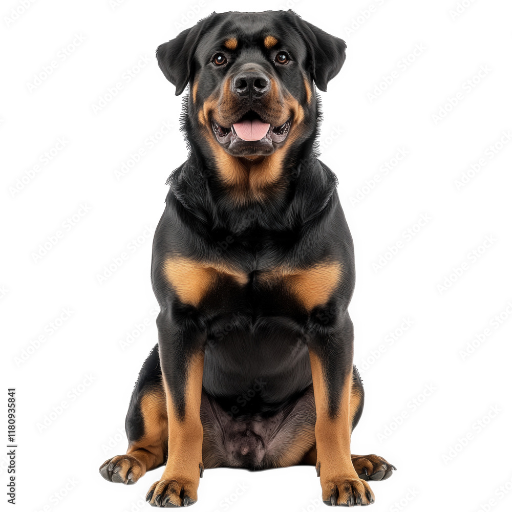 rottweiler sitting confidently against a white background. showcasing its strong physique and friendly demeanor the dog's shiny coat and alert expression emphasize its loyalty and playfulness. making rottweiler sitting confidently against a white background. showcasing its strong physique and friendly demeanor the dog's shiny coat and alert expression emphasize its loyalty and playfulness. making