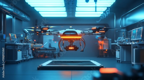 A futuristic medical drone maintenance bay glowing with automated repair stations