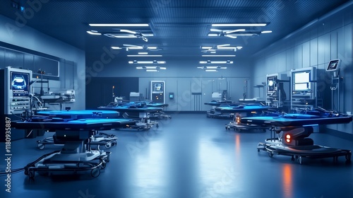 A futuristic medical drone maintenance bay glowing with automated repair stations