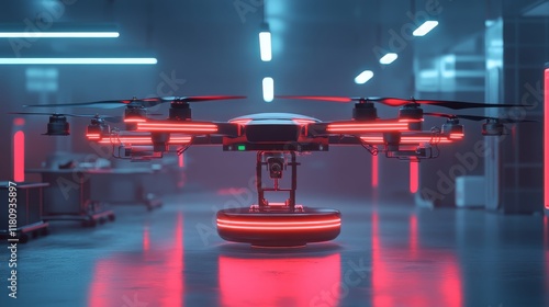 A futuristic medical drone maintenance bay glowing with automated repair stations