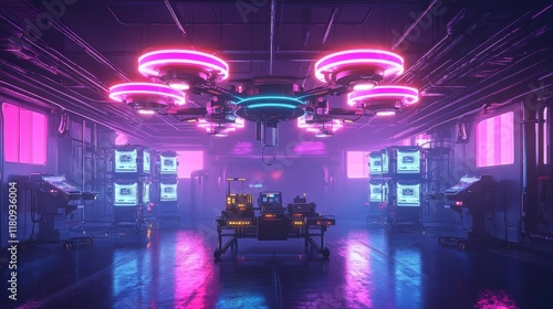 A futuristic medical drone maintenance bay glowing with automated repair stations