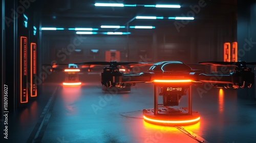 A futuristic medical drone maintenance bay glowing with automated repair stations