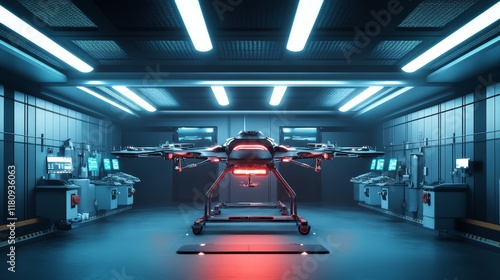 A futuristic medical drone maintenance bay glowing with automated repair stations
