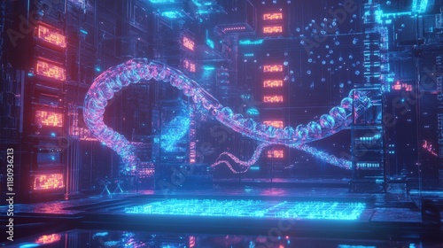 A futuristic genetic modification lab with glowing DNA strands floating in holographic displays