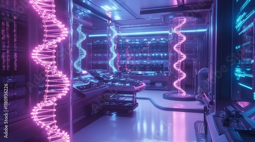 A futuristic genetic modification lab with glowing DNA strands floating in holographic displays