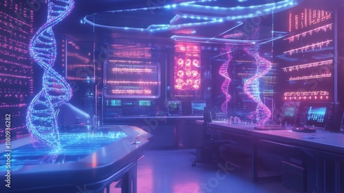 A futuristic genetic modification lab with glowing DNA strands floating in holographic displays