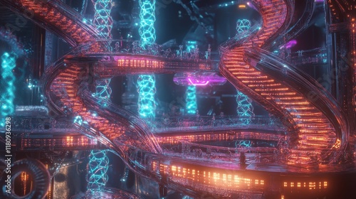 A futuristic genetic modification lab with glowing DNA strands floating in holographic displays