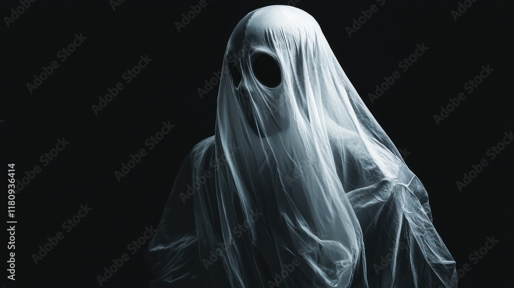 Eerie Ghostly Figure in Sheer Fabric, Mysterious and Spooky Halloween Theme Eerie Ghostly Figure in Sheer Fabric, Mysterious and Spooky Halloween Theme
