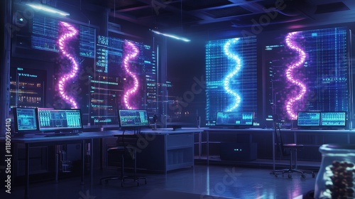 A futuristic genetic modification lab with glowing DNA strands floating in holographic displays