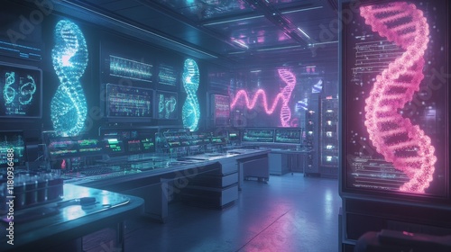A futuristic genetic modification lab with glowing DNA strands floating in holographic displays