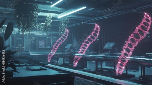 A futuristic genetic modification lab with glowing DNA strands floating in holographic displays