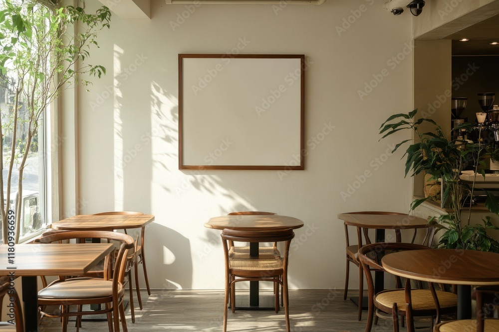 Sunny cafe interior, empty tables, mock-up poster, plants Sunny cafe interior, empty tables, mock-up poster, plants