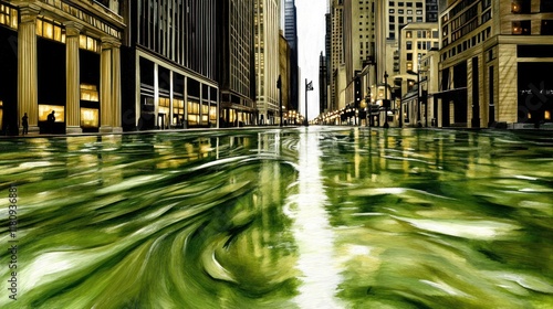 Flooded city street, modern, urban, water, reflections, skyscrapers, buildings, downtown, business district, high rises, cityscape,  commercial,  financial,  green,  color,  abstract,  art,  impressio photo