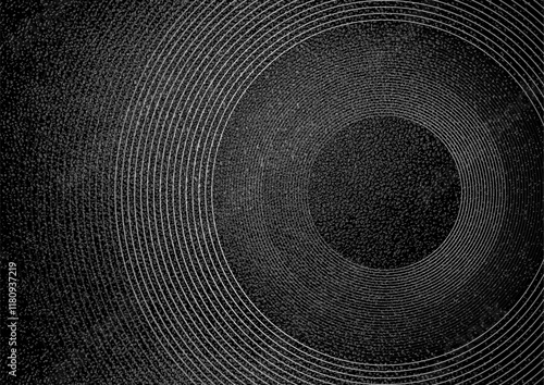 Abstract linear monochrome circles with grunge grainy texture background. Geometric vector design