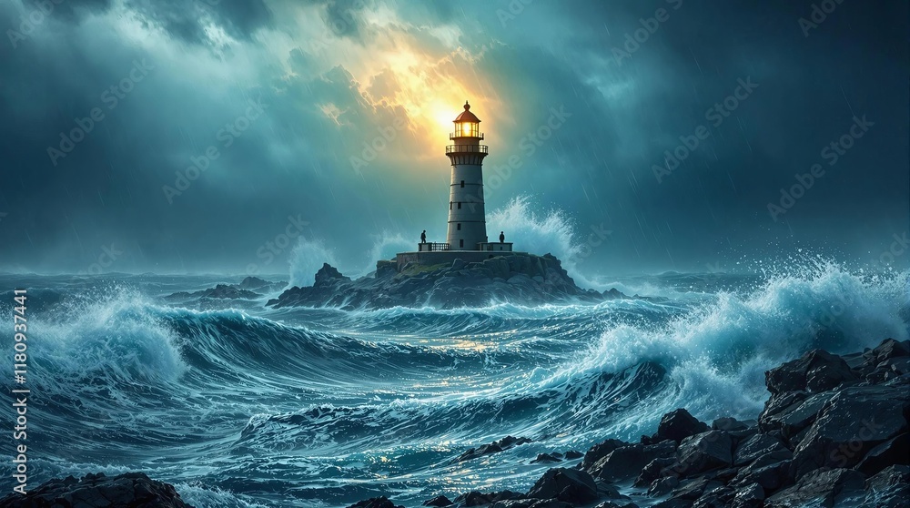 Luminous Lighthouse Stands Firm Against Stormy Seas Luminous Lighthouse Stands Firm Against Stormy Seas