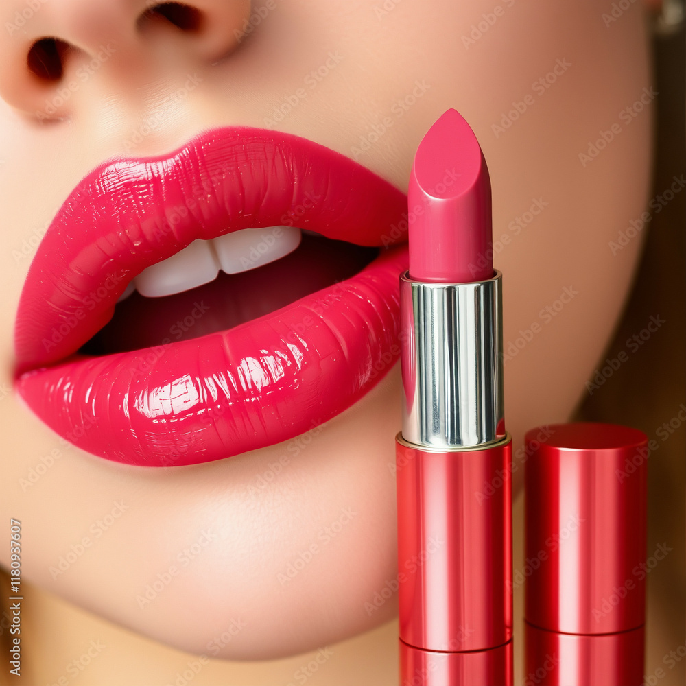 Obraz premium A demonstration showcasing the application and effect of a dark pink lipstick.