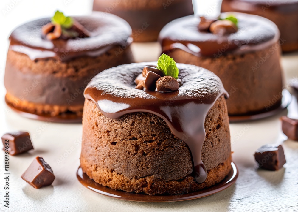 Mocha mousse molten cakes with a decadent mocha mousse filling inside a warm, rich chocolate cake on white background Mocha mousse molten cakes with a decadent mocha mousse filling inside a warm, rich chocolate cake on white background