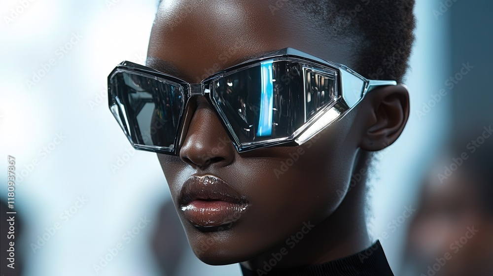 Fototapeta premium A runway moment featuring futuristic angular sunglasses and sharp geometric boots